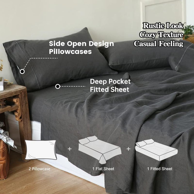 Simple&Opulence 100% Linen Sheet Set with Embroidery Washed - 4 Pieces (1 Flat Sheet & 1 Fitted Sheet & 2 Pillowcases) Natural Flax Soft Bedding Breathable Farmhouse - Dark Grey, King Size - Image 3